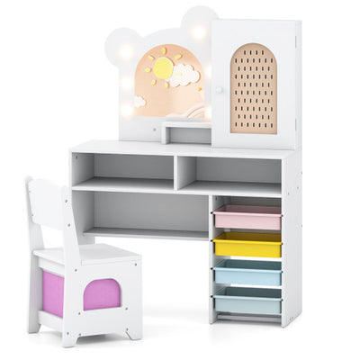 Kids Vanity with Lights and 5 Drawers for Kids Aged 3+ Years Old-White
