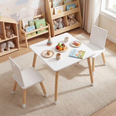 Kids Wooden Table and 2 Chairs Set-White