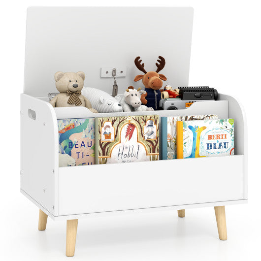 Kids Wooden Toy Box with Front Bookshelf and 4 Solid Wood Legs for Playroom-White