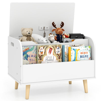 Kids Wooden Toy Box with Front Bookshelf and 4 Solid Wood Legs for Playroom-White