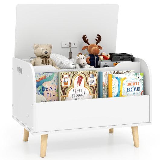 Kids Wooden Toy Box with Front Bookshelf and 4 Solid Wood Legs for Playroom-White
