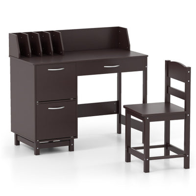 Wooden Kids Study Desk and Chair Set with Drawer and 2 Storage Cabinets-Dark Brown
