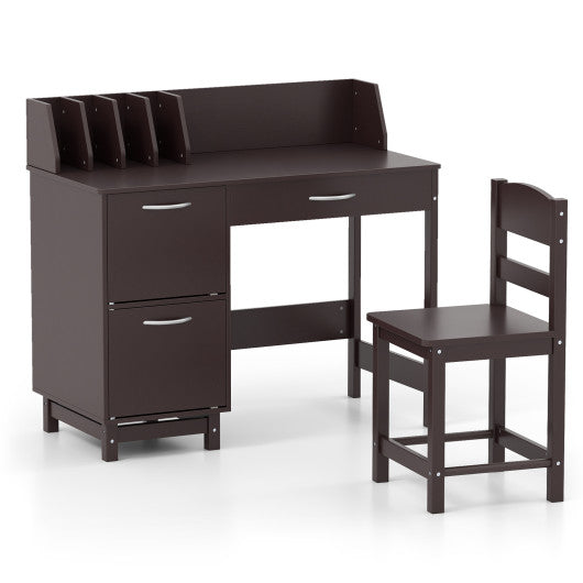 Wooden Kids Study Desk and Chair Set with Drawer and 2 Storage Cabinets-Dark Brown