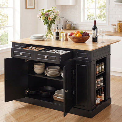 Kitchen Island with Storage and 3-Level Adjustable Shelves-Black