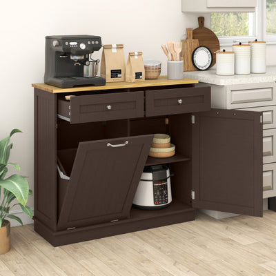 Kitchen Tilt Out Trash Cabinet with 2 Drawers and Adjustable Shelf-Brown