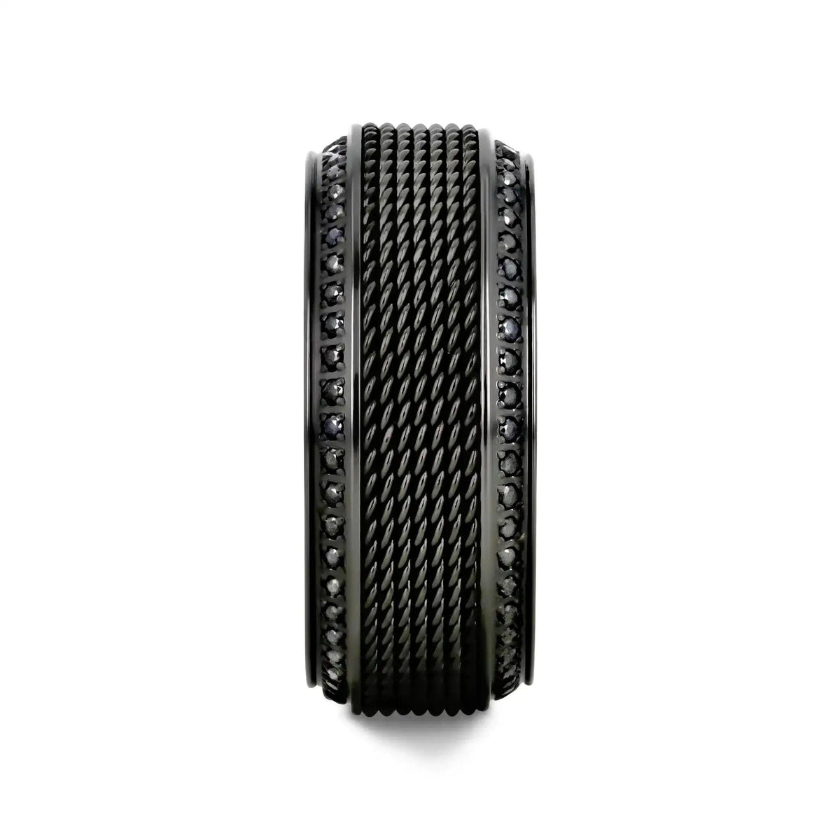 KNIGHT Steel Chain Black Titanium Wedding Ring Polished Beveled Edges Set with Round Black Diamonds - 10mm