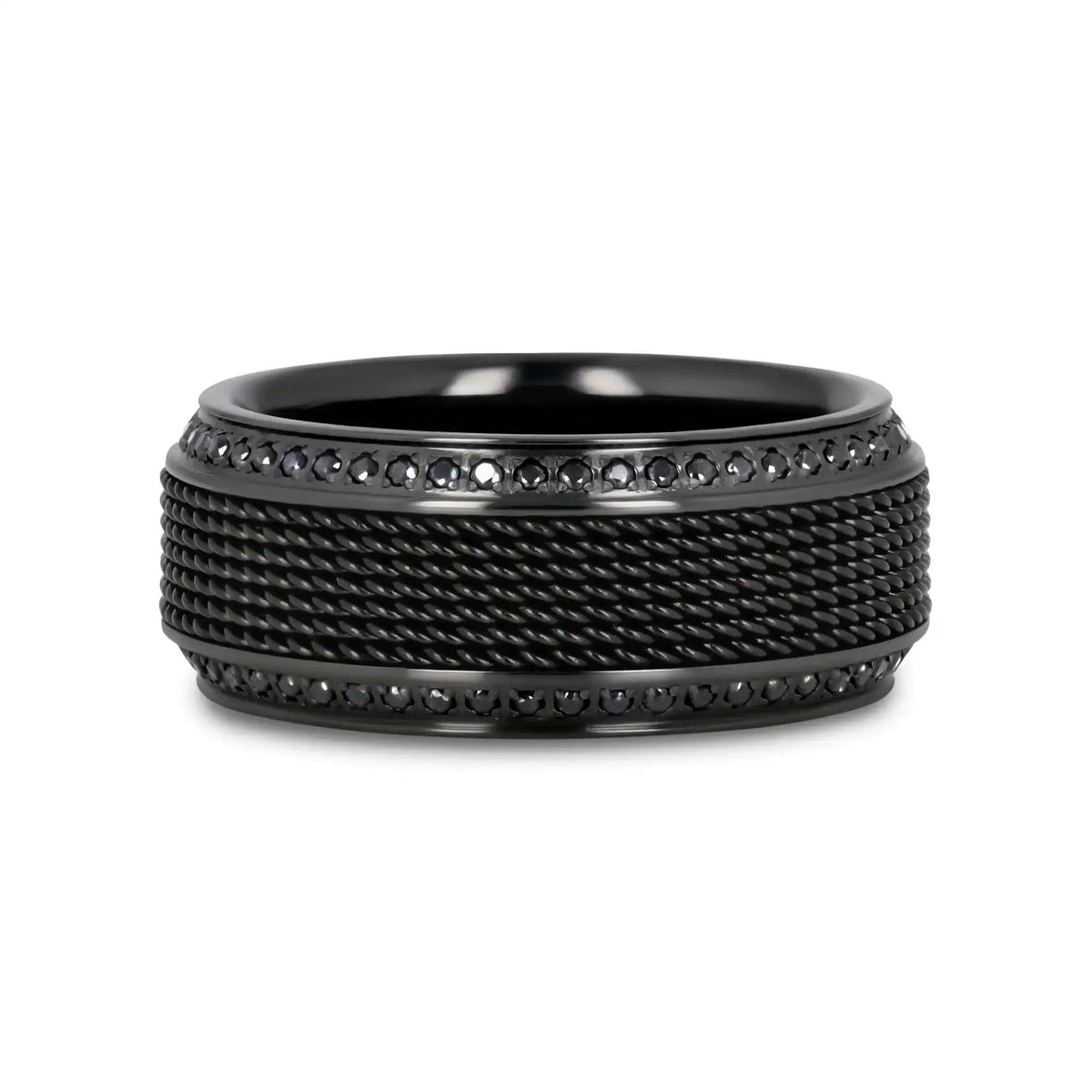 KNIGHT Steel Chain Black Titanium Wedding Ring Polished Beveled Edges Set with Round Black Diamonds - 10mm