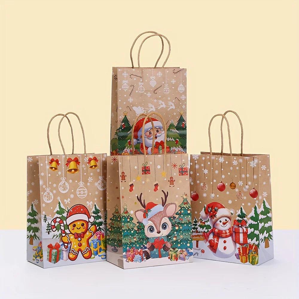 Kraft Paper Christmas Gift Bags Set with Santa Claus, Snowman & Reindeer Designs