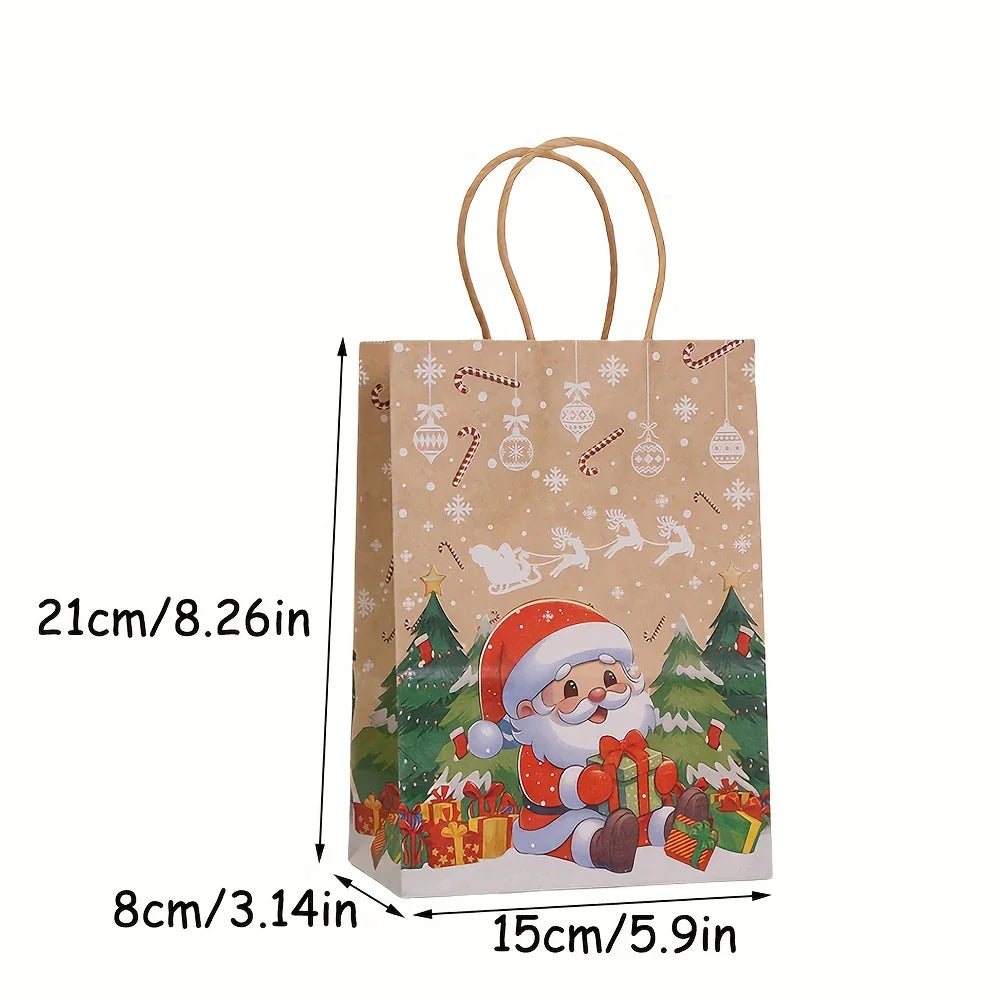 Kraft Paper Christmas Gift Bags Set with Santa Claus, Snowman & Reindeer Designs