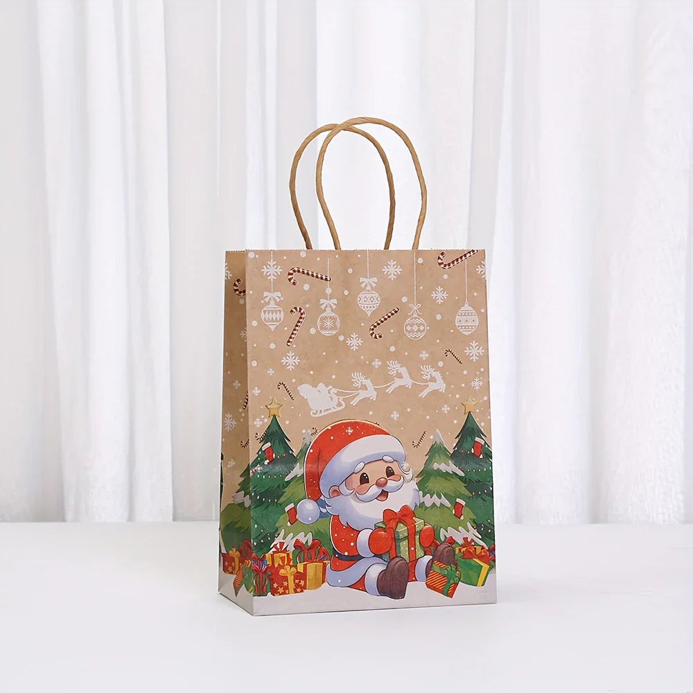 Kraft Paper Christmas Gift Bags Set with Santa Claus, Snowman & Reindeer Designs