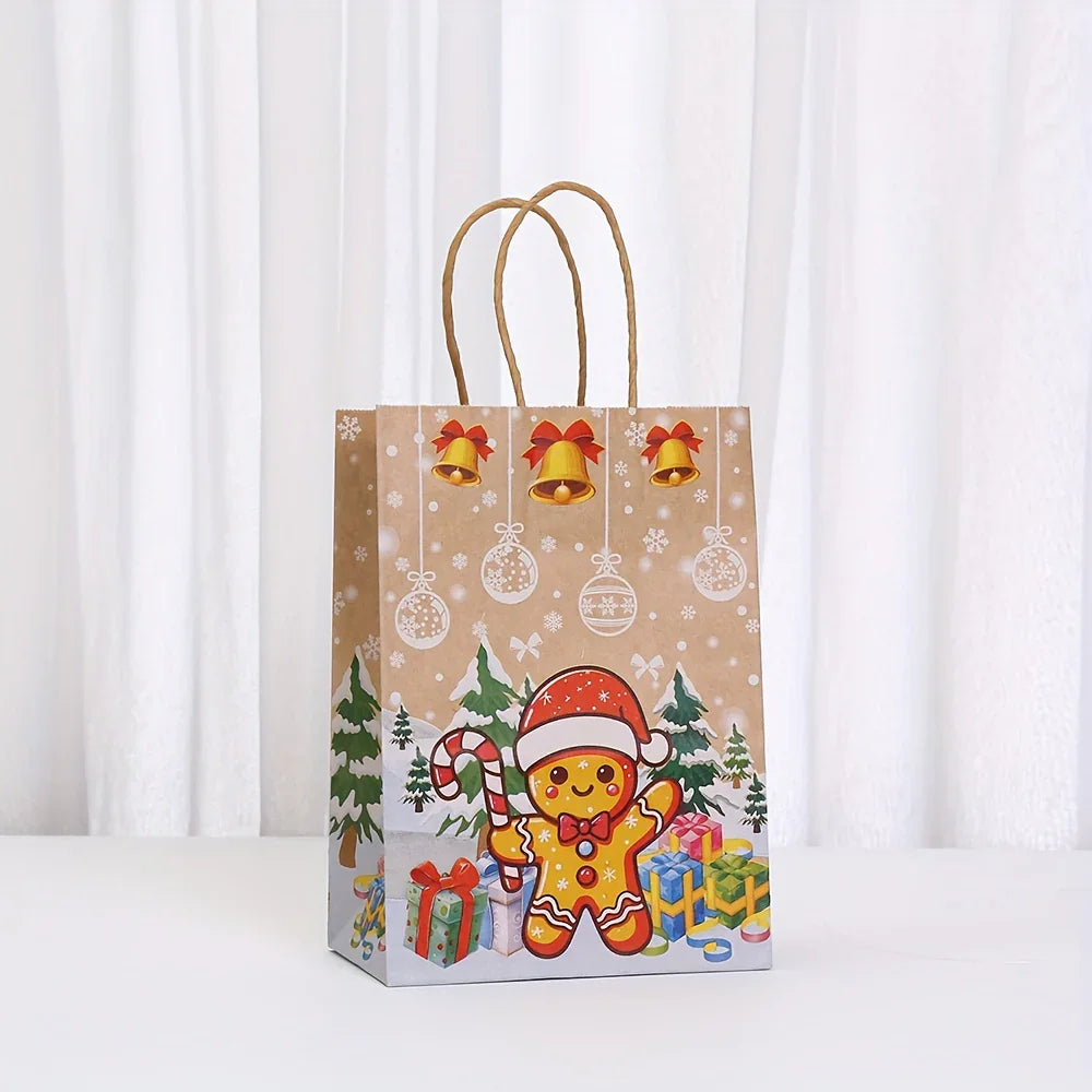 Kraft Paper Christmas Gift Bags Set with Santa Claus, Snowman & Reindeer Designs