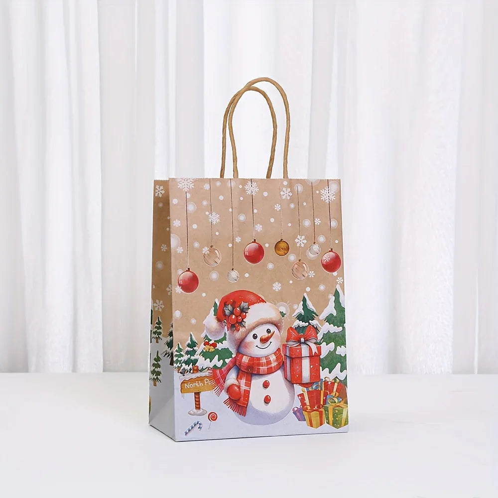 Kraft Paper Christmas Gift Bags Set with Santa Claus, Snowman & Reindeer Designs