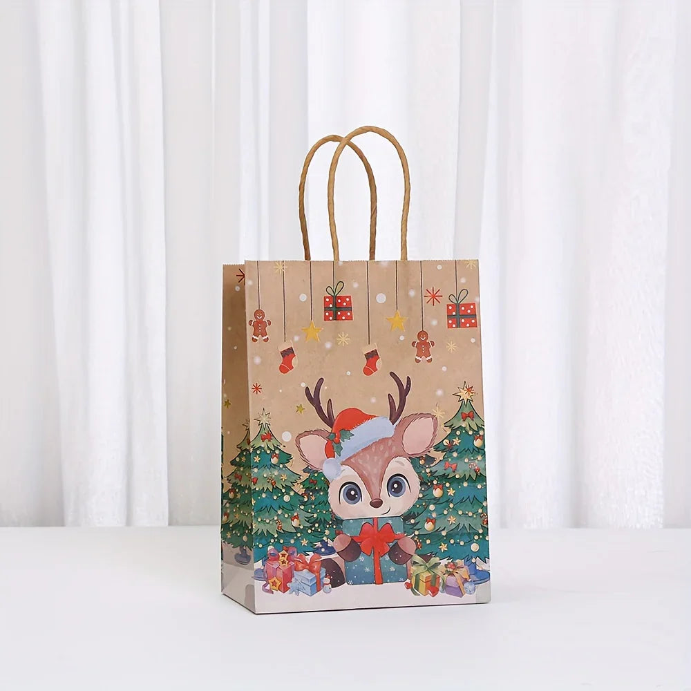 Kraft Paper Christmas Gift Bags Set with Santa Claus, Snowman & Reindeer Designs