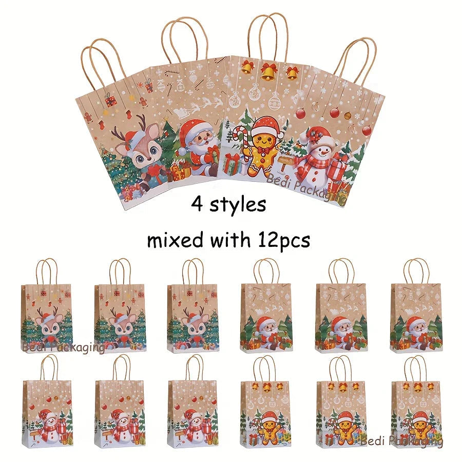 Kraft Paper Christmas Gift Bags Set with Santa Claus, Snowman & Reindeer Designs