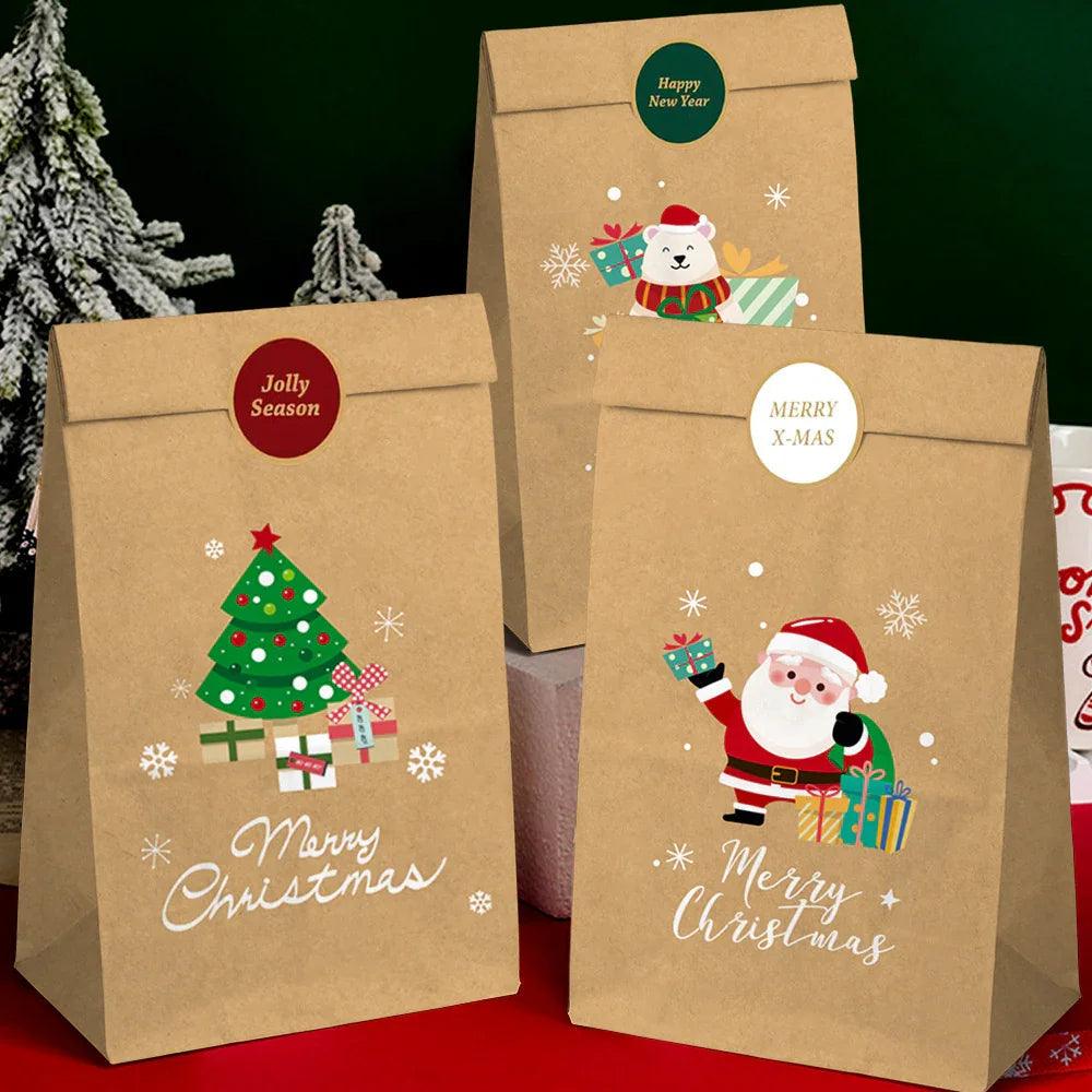 Kraft Paper Gift Bag Set, Durable with 12 Bags & Stickers, Holiday Design