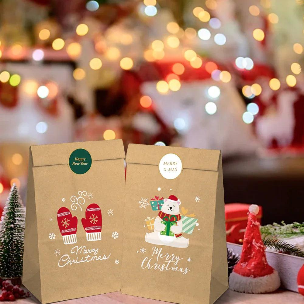 Kraft Paper Gift Bag Set, Durable with 12 Bags & Stickers, Holiday Design