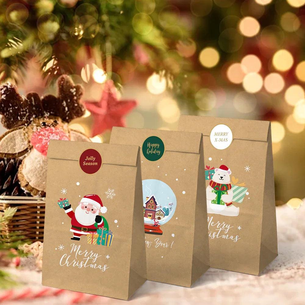 Kraft Paper Gift Bag Set, Durable with 12 Bags & Stickers, Holiday Design