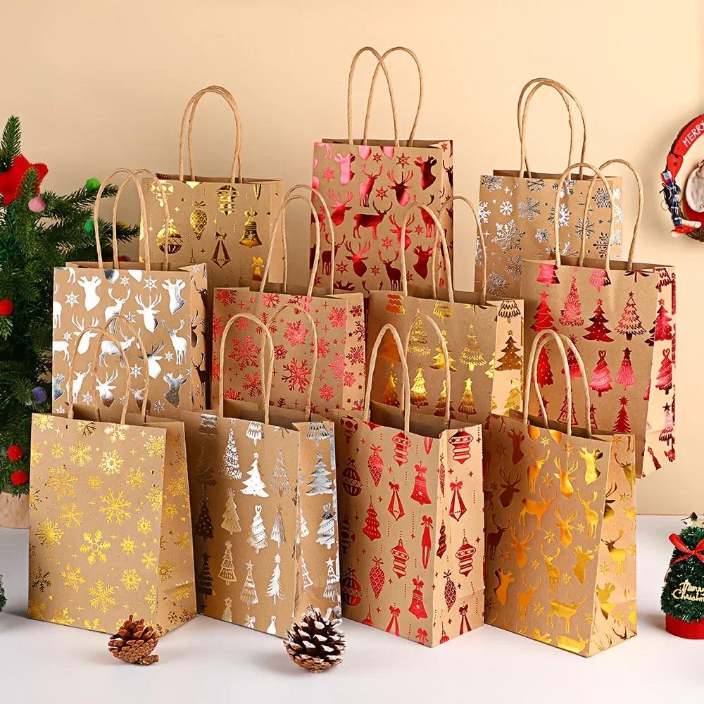 Kraft Paper Gift Bags with Cartoon Christmas Tree Reindeer Snowflake Pattern