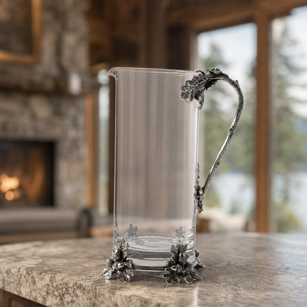 Glass Pitcher Pewter Acorn & Oak Leaf Handle