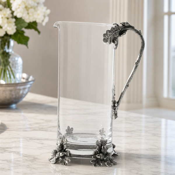 Glass Pitcher Pewter Acorn & Oak Leaf Handle
