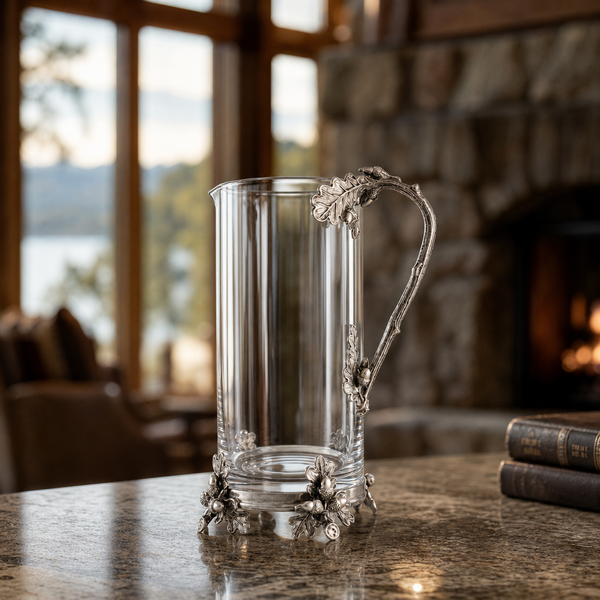 Glass Pitcher Pewter Acorn & Oak Leaf Handle