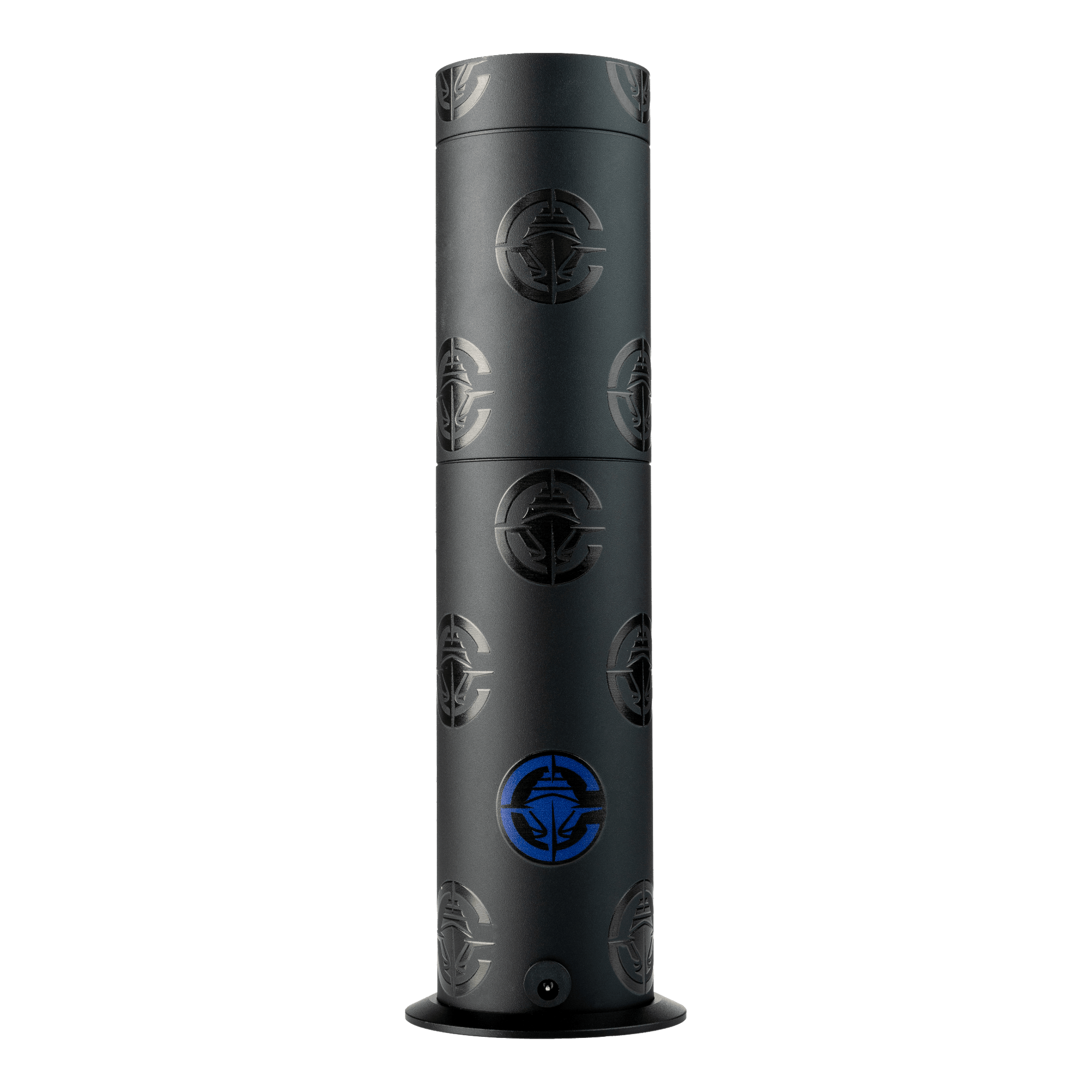 Black cylindrical product with circular logos on a white background