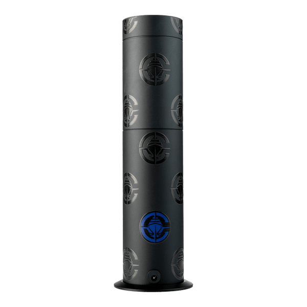 Black cylindrical product with circular logos on a white background