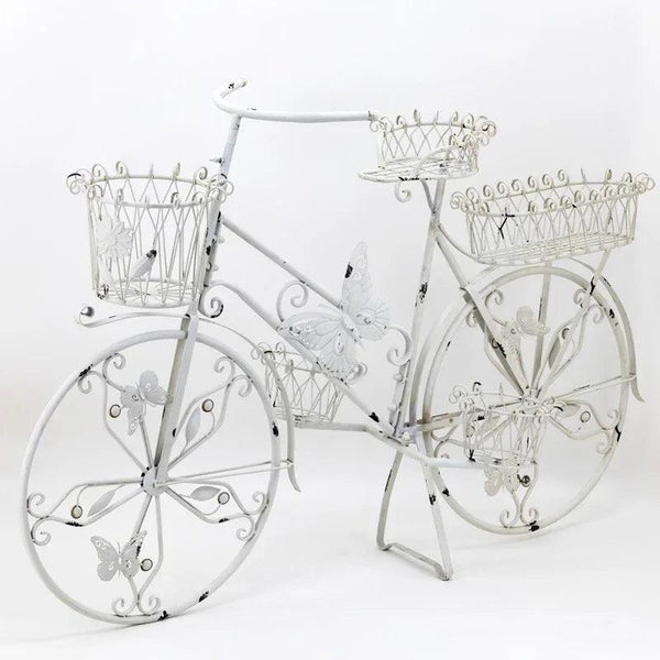 LARGE IRON BUTTERFLY BICYCLE PLANT STAND WITH 5 BASKETS IN WHITE 