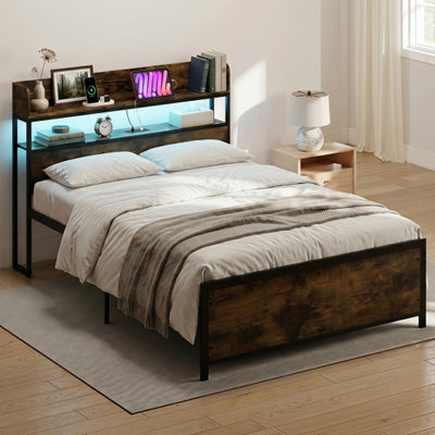 LED Bed Frame with Power Outlets and Storage Headboard-Queen Size
