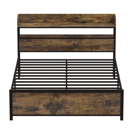 LED Bed Frame with Power Outlets and Storage Headboard-Queen Size