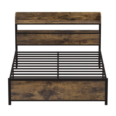 LED Bed Frame with Power Outlets and Storage Headboard-Queen Size