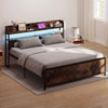 LED Bed Frame with Power Outlets and Storage Headboard-King Size