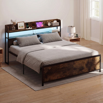 LED Bed Frame with Power Outlets and Storage Headboard-King Size