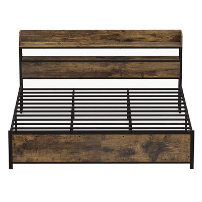 LED Bed Frame with Power Outlets and Storage Headboard-King Size