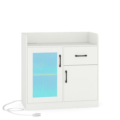 LED Buffet Sideboard with Charging Station with Drawer and Translucent Fluted Door-White