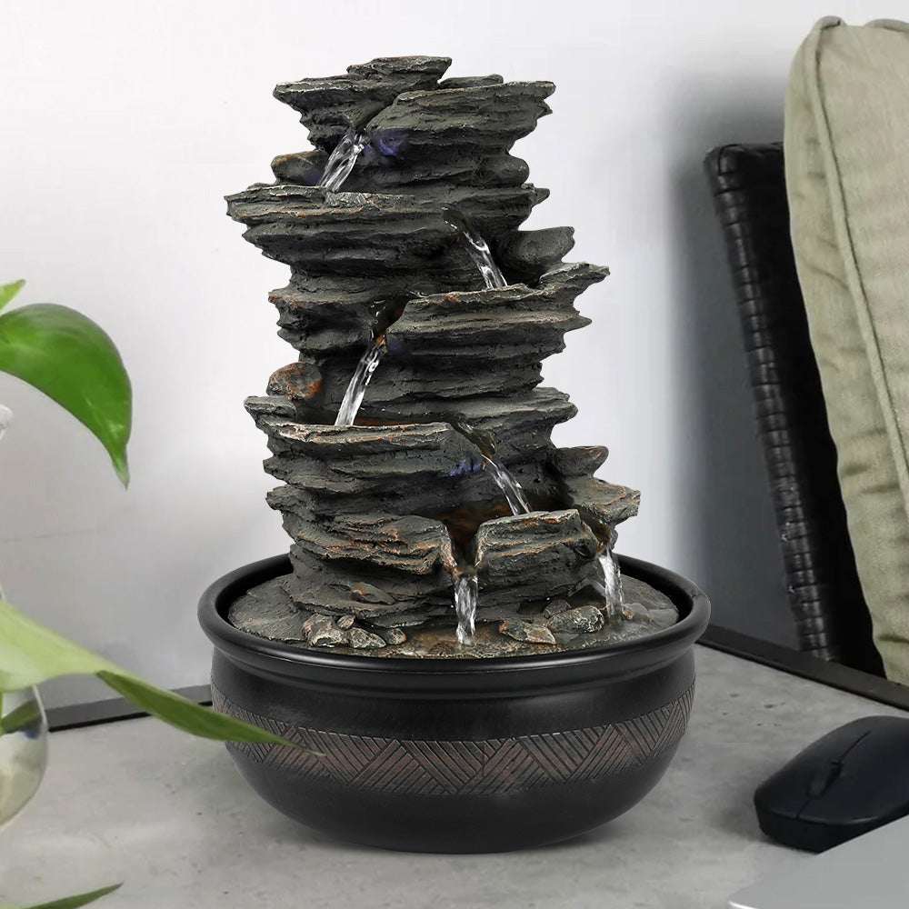 Resin 6 Tier Slate Tabletop Water Fountain 15 Inch LED
