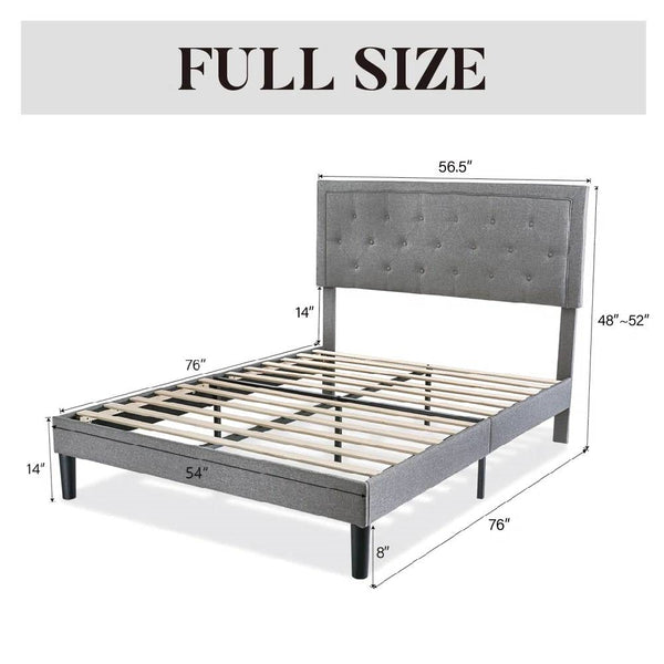 Full size Grey Linen Upholstered Platform Bed Frame with Button-Tufted Headboard