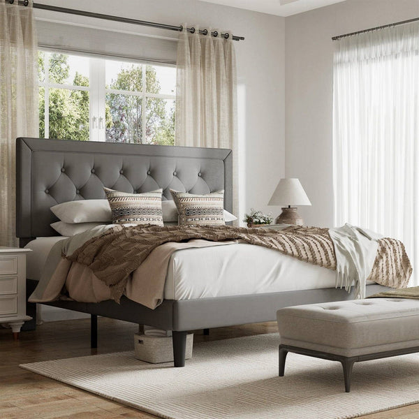 Queen Grey Linen Upholstered Platform Bed Frame with Button-Tufted Headboard