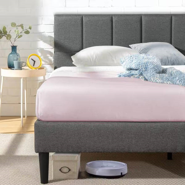 Queen size Grey Upholstered Platform Bed Frame with Padded Headboard