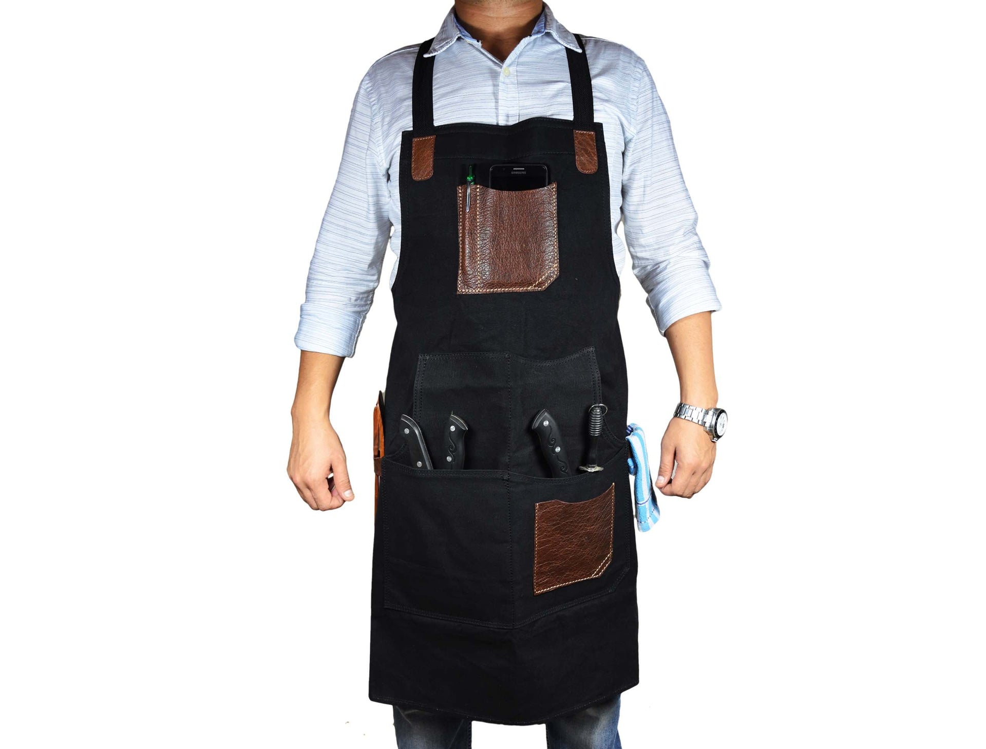 Turin Leather Canvas Apron - Raven Black