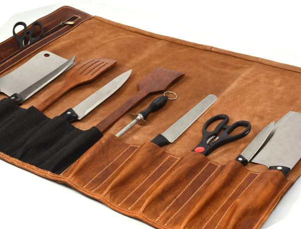 Aurora Leather Knife Roll 10 Slot - Stress Brown - Gifts for You 'n Me