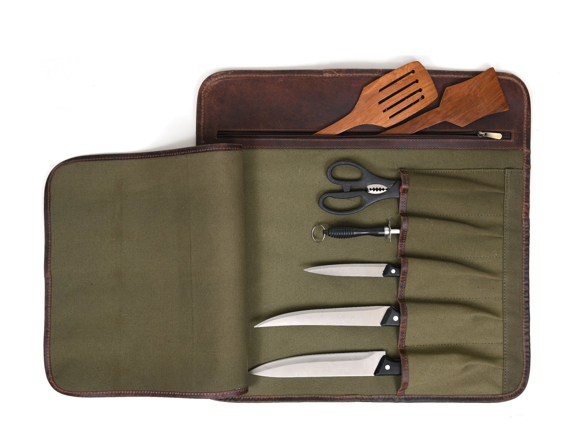 Iris Leather Chef Knife Roll Olive Green 5 Slot ( KR-64 )