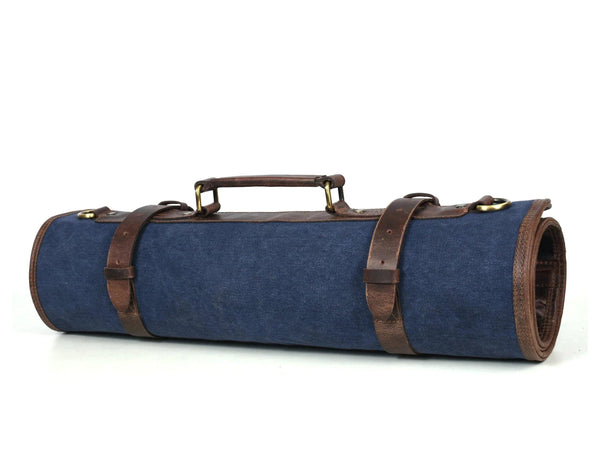 Turin Leather Canvas Chef Knife Roll Abyss Blue 10 Slot ( KR-68B ) - Gifts for You 'n Me