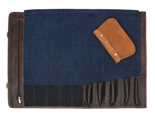 Turin Leather Canvas Chef Knife Roll Abyss Blue 10 Slot ( KR-68B ) - Gifts for You 'n Me