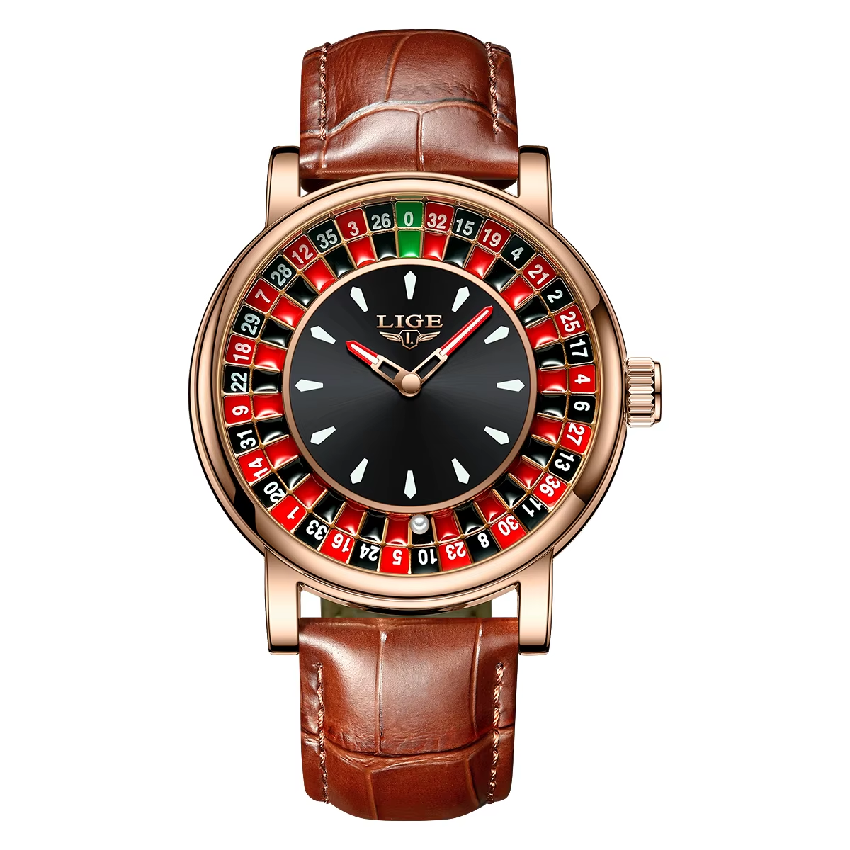 LIGE Fashion Brown Leather Men Watch Rotating Dial Las Vegas Roulette Desktop Theme Watch Men Waterproof Luminous Clock Watches