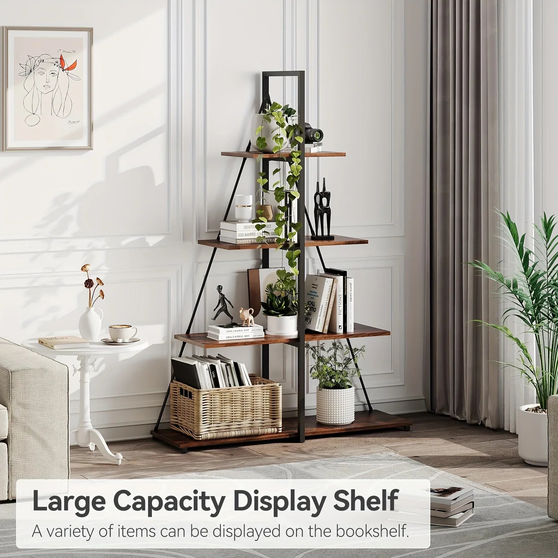 LIZHOUMIL 4-Tier Modern Boat-Shaped Bookshelf - Space-Saving Narrow Wooden & Metal Storage Shelf Organizer with Sturdy PB Board, Black Home Decor for Living Room, Bedroom, Office, Bookshelf Furniture, Bedroom Bookshelf, Conte