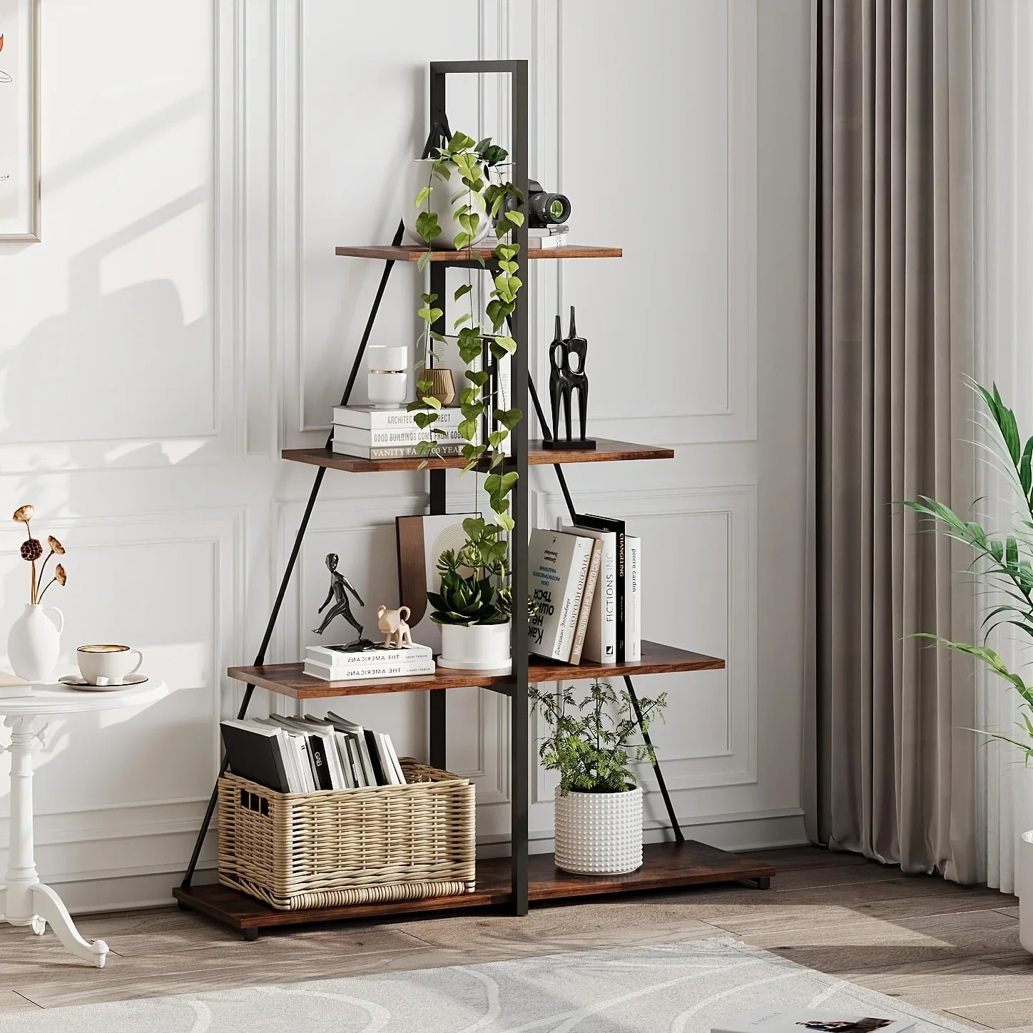 LIZHOUMIL 4-Tier Modern Boat-Shaped Bookshelf - Space-Saving Narrow Wooden & Metal Storage Shelf Organizer with Sturdy PB Board, Black Home Decor for Living Room, Bedroom, Office, Bookshelf Furniture, Bedroom Bookshelf, Conte