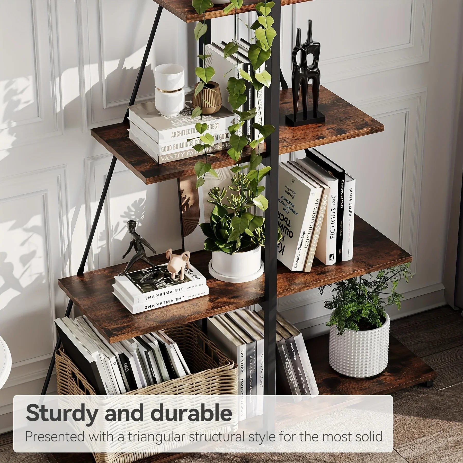 LIZHOUMIL 4-Tier Modern Boat-Shaped Bookshelf - Space-Saving Narrow Wooden & Metal Storage Shelf Organizer with Sturdy PB Board, Black Home Decor for Living Room, Bedroom, Office, Bookshelf Furniture, Bedroom Bookshelf, Conte