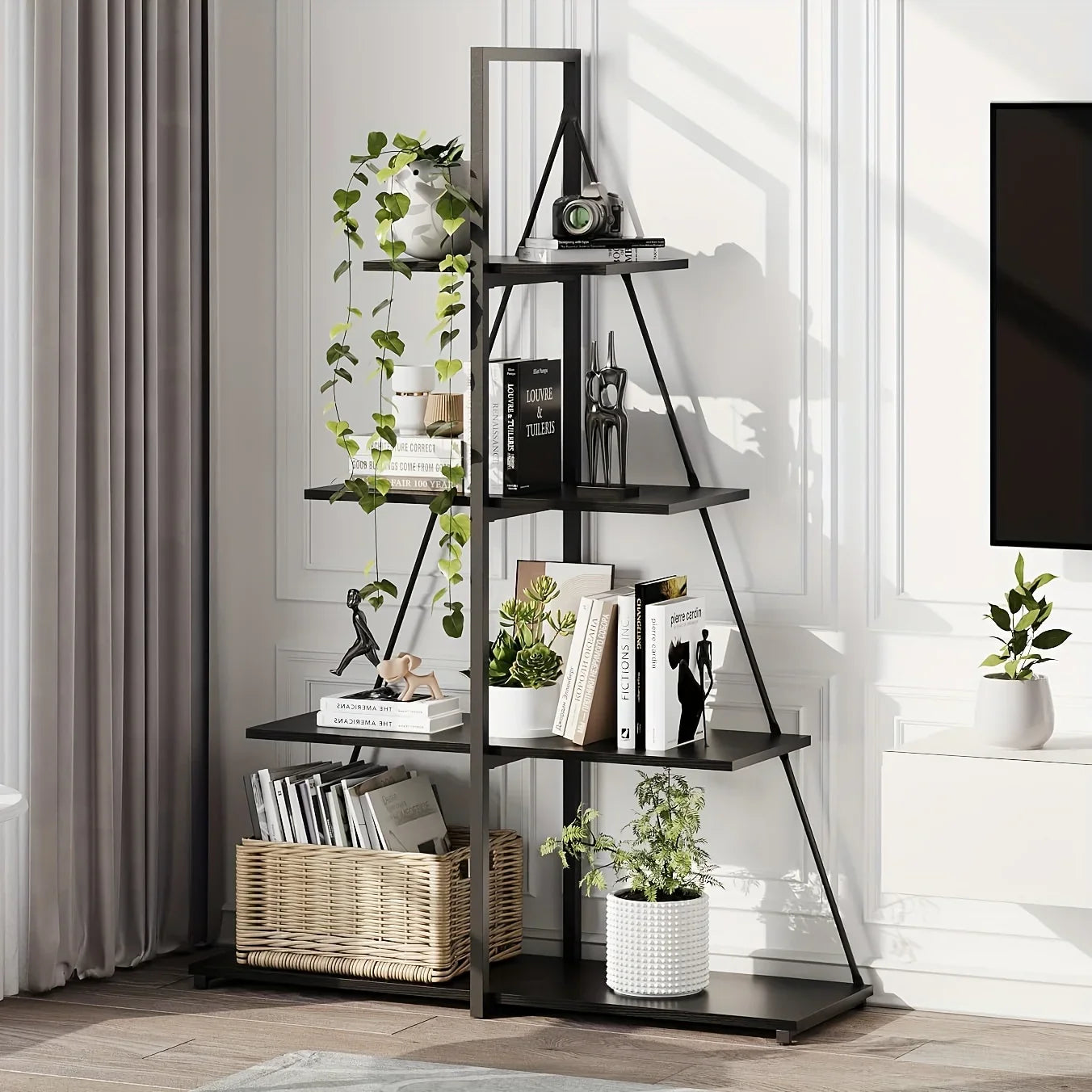 LIZHOUMIL 4-Tier Modern Boat-Shaped Bookshelf - Space-Saving Narrow Wooden & Metal Storage Shelf Organizer with Sturdy PB Board, Black Home Decor for Living Room, Bedroom, Office, Bookshelf Furniture, Bedroom Bookshelf, Conte