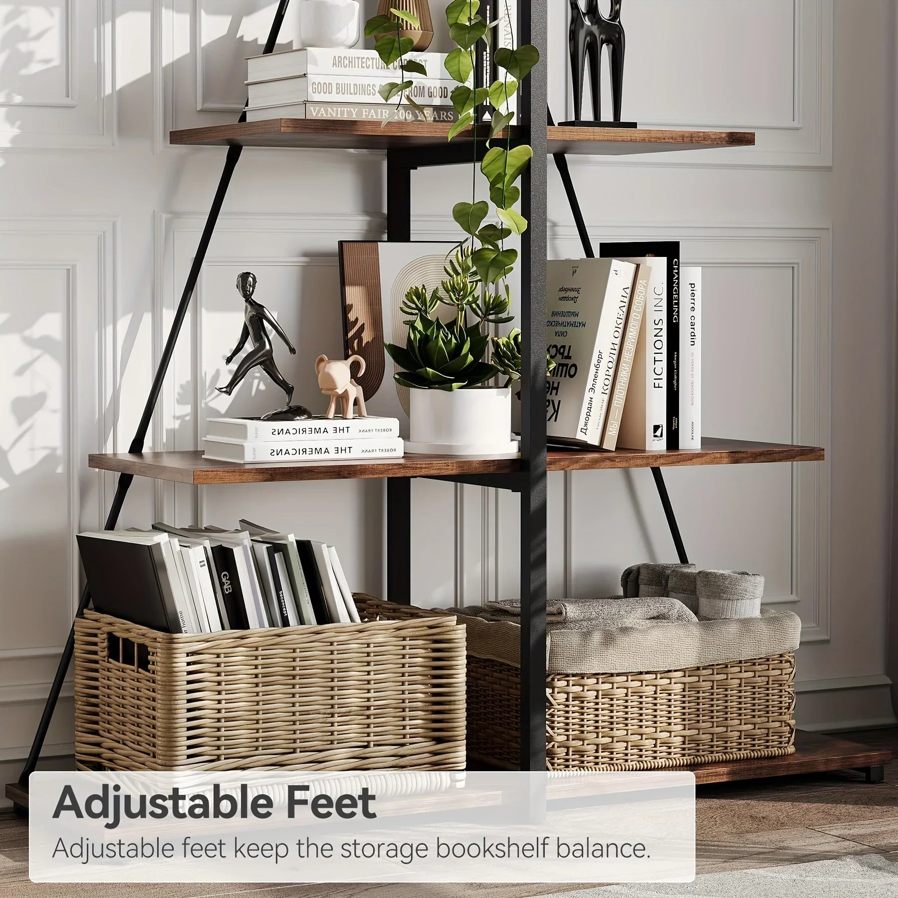 LIZHOUMIL 4-Tier Modern Boat-Shaped Bookshelf - Space-Saving Narrow Wooden & Metal Storage Shelf Organizer with Sturdy PB Board, Black Home Decor for Living Room, Bedroom, Office, Bookshelf Furniture, Bedroom Bookshelf, Conte